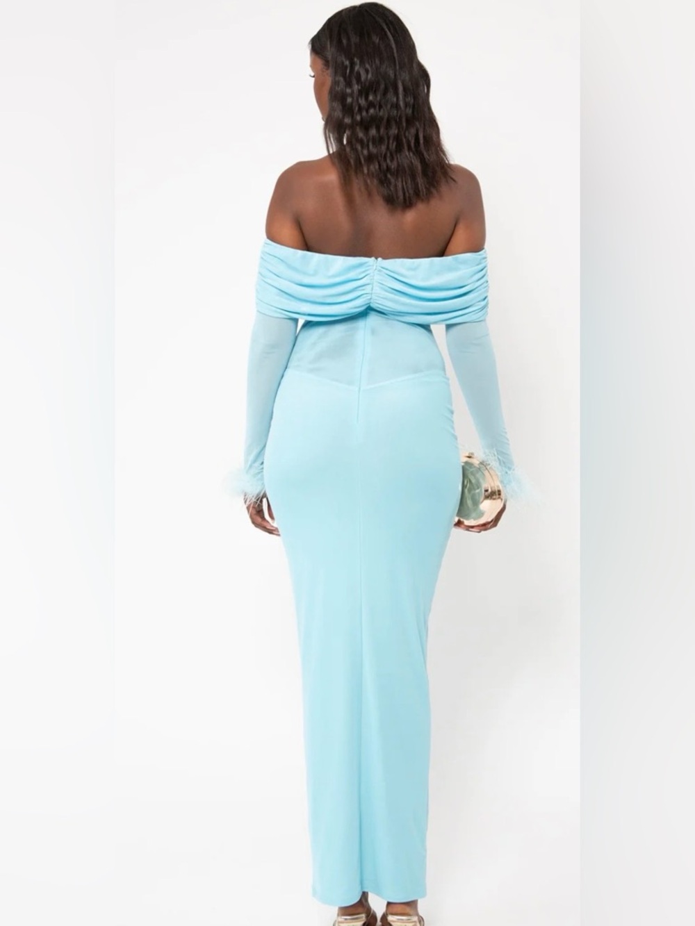 Light Blue Off-Shoulder Feather Cuff Maxi Dress - Picture 3 of 7